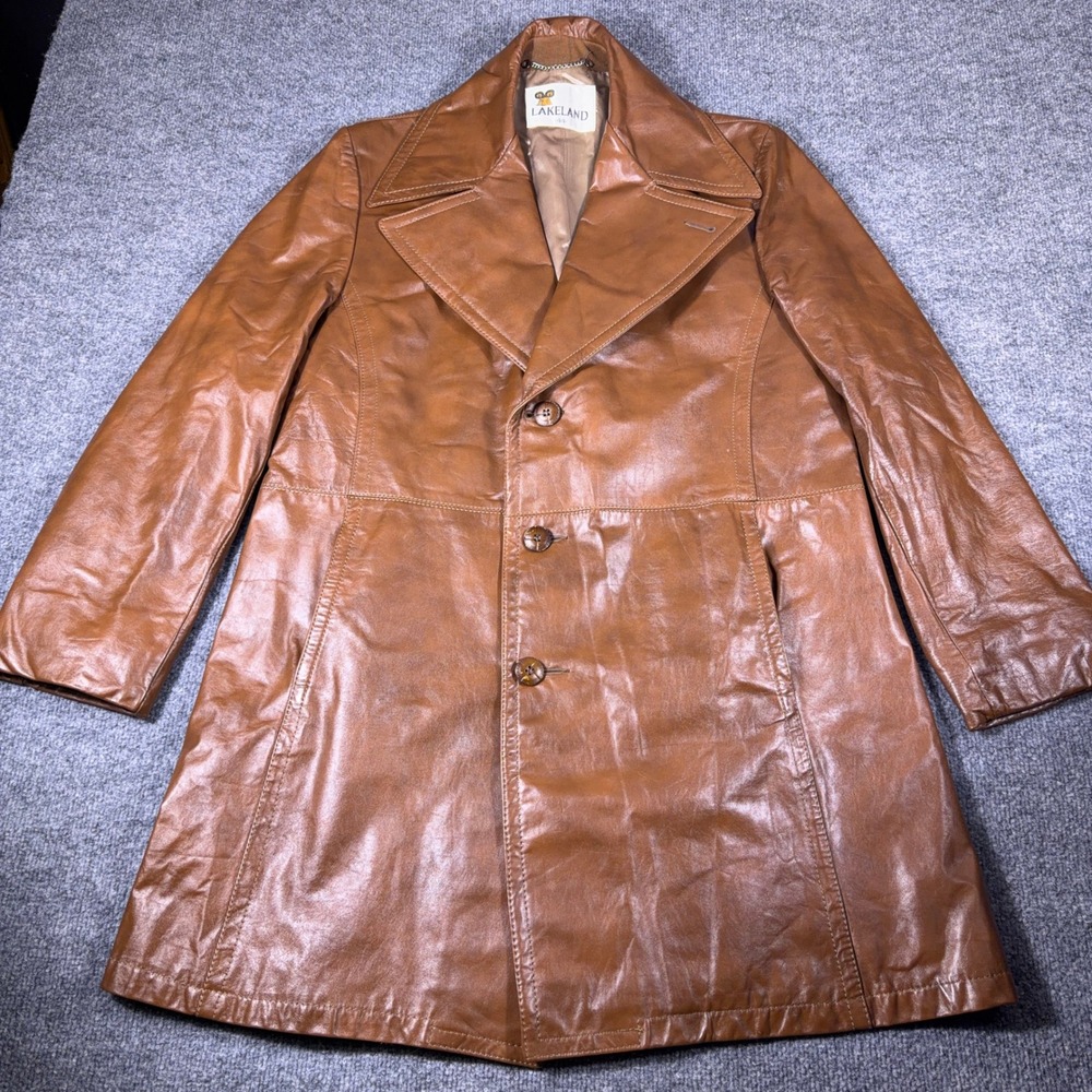 Vintage Lakeland Leather Car Coat Mens 44 Brown Mid Length 70s Trench Jacket